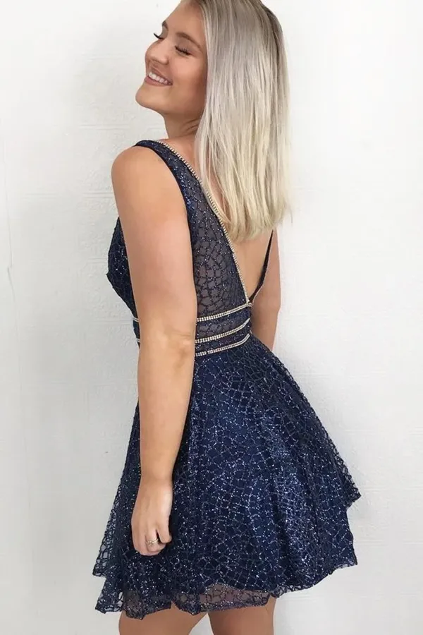 Anneprom Sparkling A Line V Neck Sequins Navy Blue Homecoming Dress With Beads APH0131