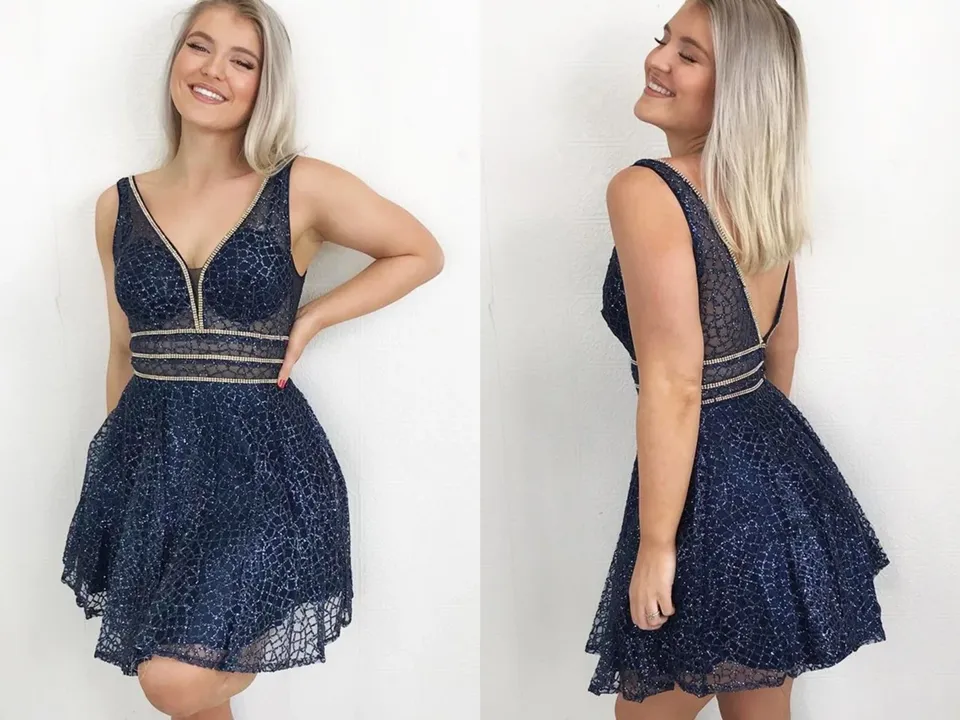 Anneprom Sparkling A Line V Neck Sequins Navy Blue Homecoming Dress With Beads APH0131