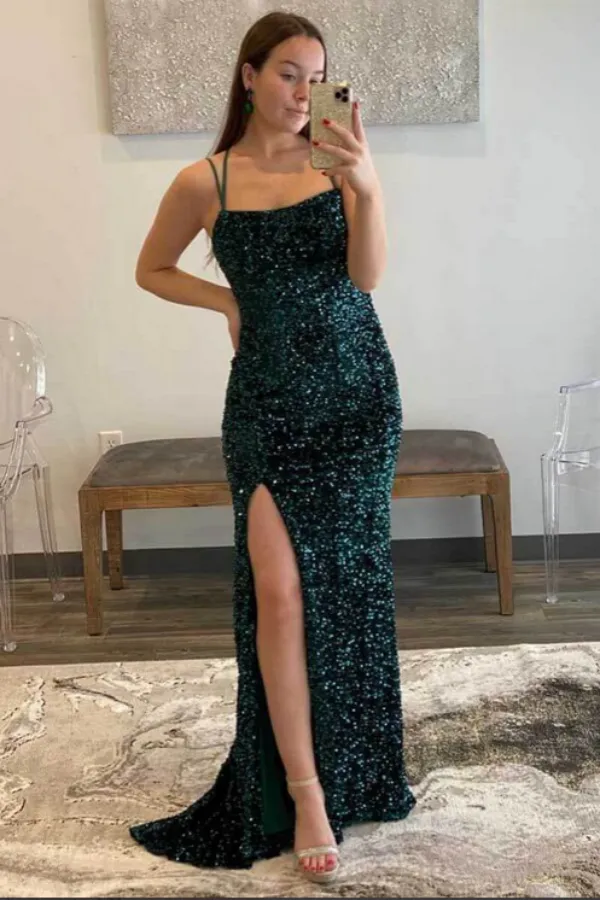 Anneprom Sparkly Sheath Fuchsia Sequins Prom Dresses With Side Slit, Evening Dresses APP0674