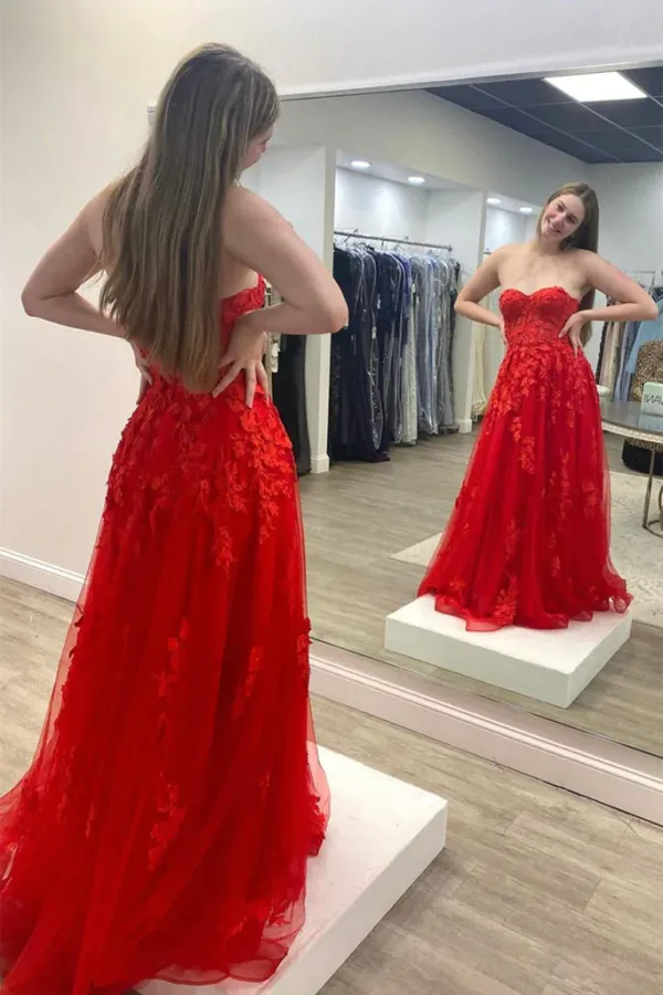Anneprom Strapless Red Tulle Long Prom Dress with Lace Appliques APP0684