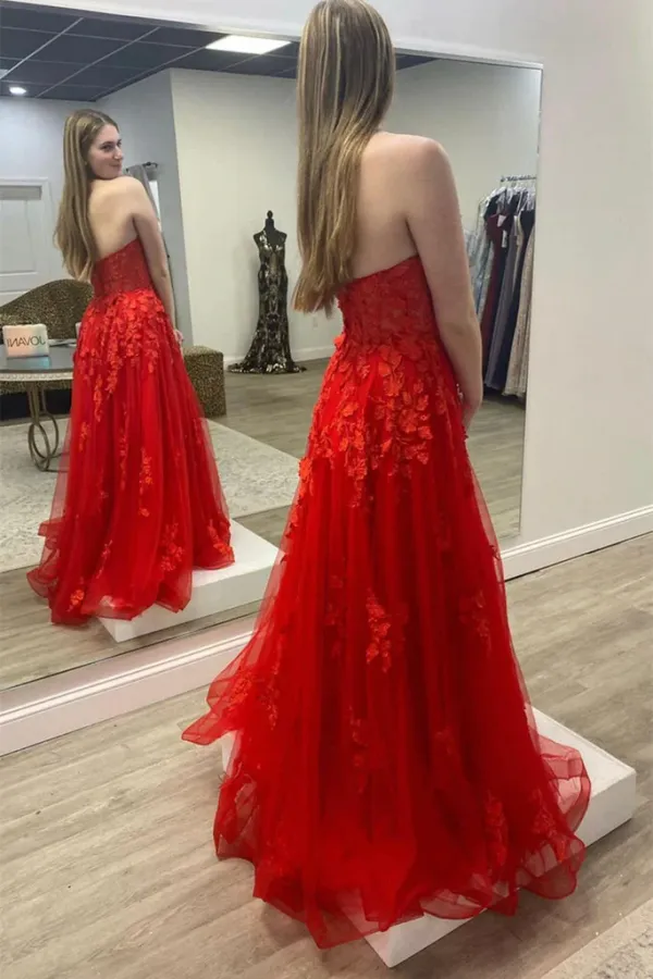 Anneprom Strapless Red Tulle Long Prom Dress with Lace Appliques APP0684