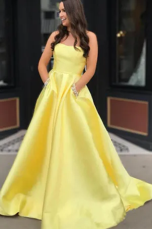 Anneprom Strapless Yellow A-Line Taffeta Long Prom Dresses With Beaded APP0264