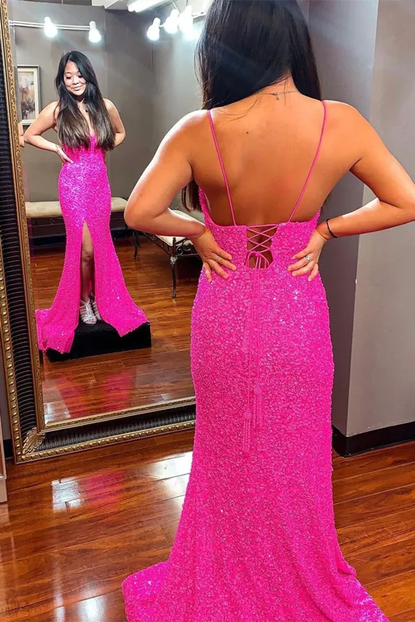 Anneprom Straps Hot Pink Sequins Mermaid Long Prom Dress Evening Party Dresses APP0642