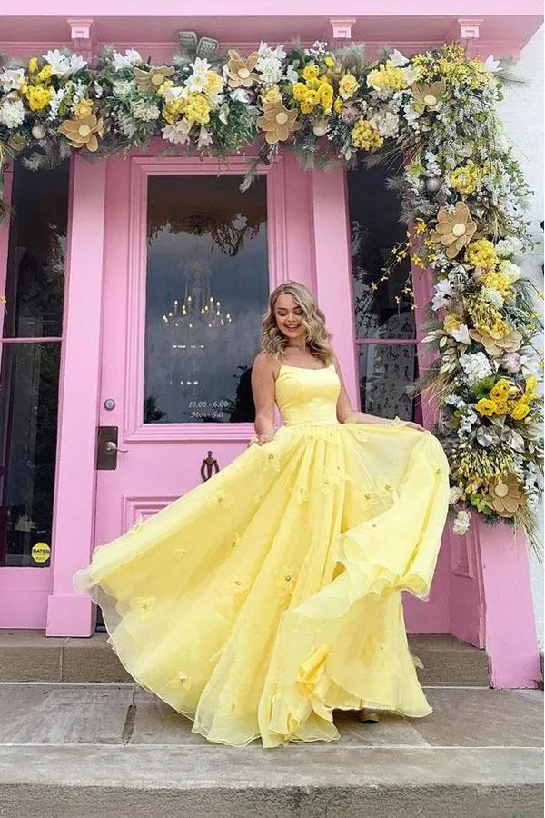 Anneprom Straps Tulle Bodice 3D Flowers With Back Lace Up Yellow Long Prom Dress APP0291