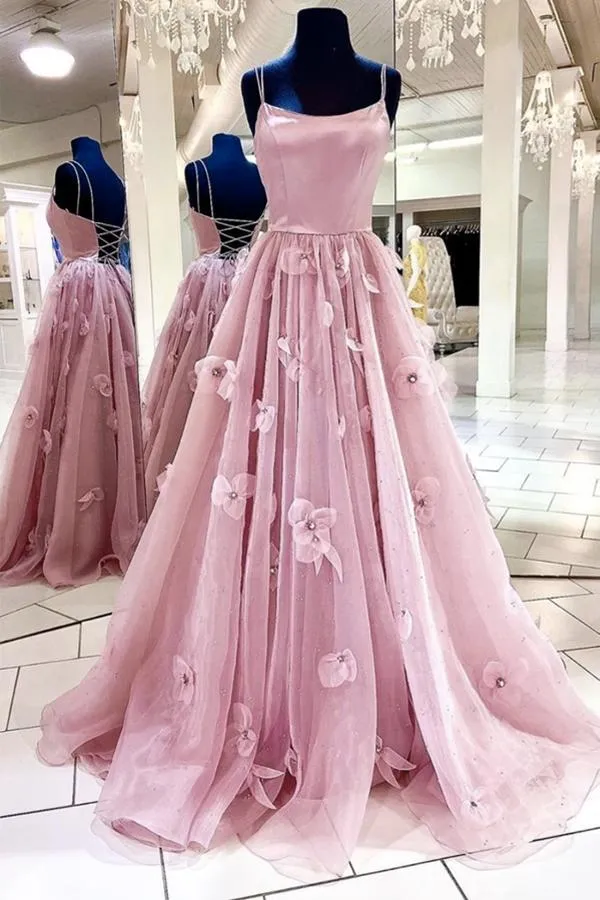 Anneprom Straps Tulle Bodice 3D Flowers With Back Lace Up Yellow Long Prom Dress APP0291