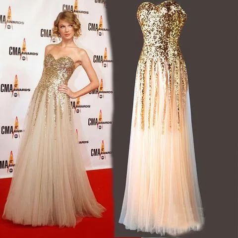 Anneprom Sweetheart A Line Gold Sequin Tulle Long Sleeveless Prom Dresses APP0356