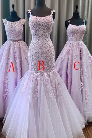 Anneprom Trumpet/Mermaid Spaghetti Straps Lilac Long Prom Dresses Tulle Evening Dress APP0379