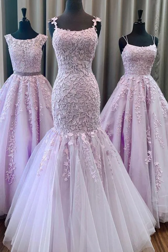 Anneprom Trumpet/Mermaid Spaghetti Straps Lilac Long Prom Dresses Tulle Evening Dress APP0379