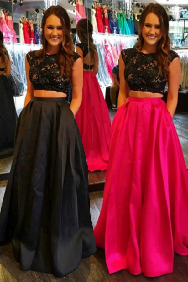 Anneprom Two-Piece Cap Sleeves Open Back Floor-Length Prom Dress Evening Dress APP0059