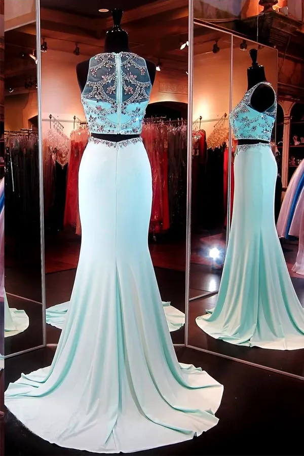 Anneprom Two Piece Mermaid Blue Prom Dresses Evening Dresses With Beading APP0054