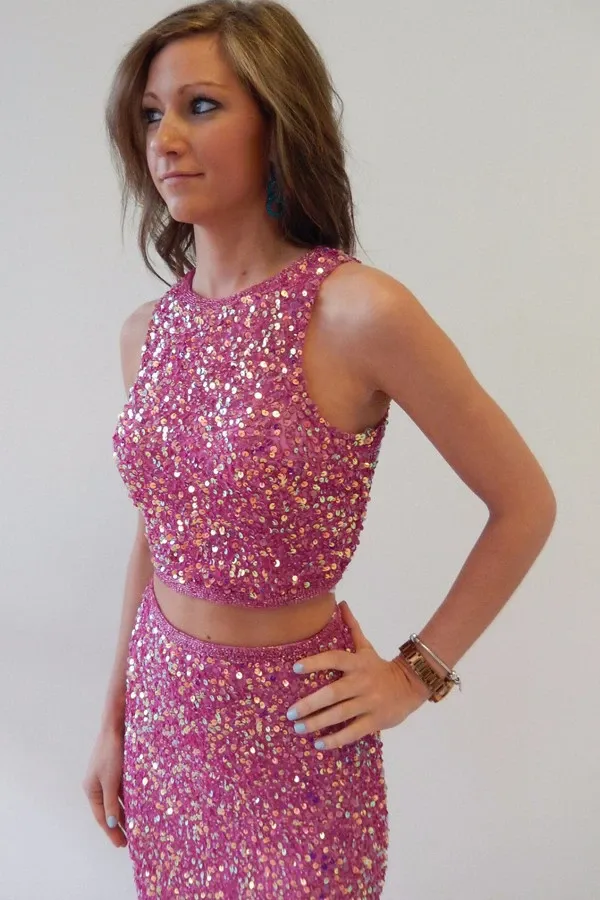 Anneprom Two-Piece Mermaid Scoop Sleeveless Prom Dresses With Sequins APP0042