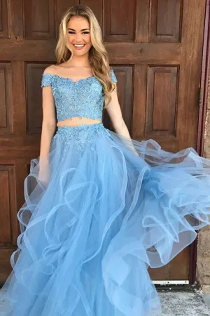 Anneprom Two Piece Off The Shoulder Sky Blue Organza Prom Dress With Appliques APP0206
