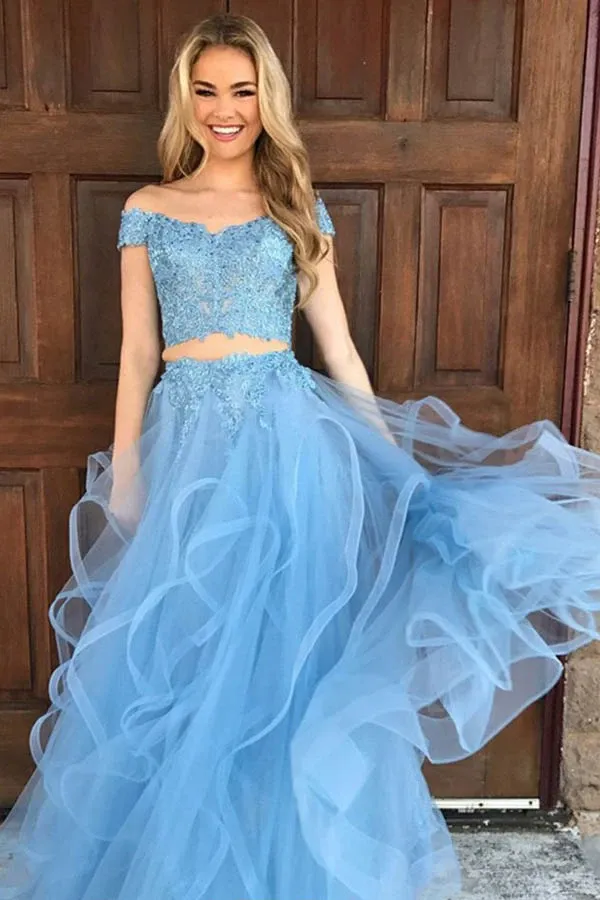Anneprom Two Piece Off The Shoulder Sky Blue Organza Prom Dress With Appliques APP0206