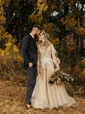 Anneprom V neck Long Sleeve Rustic Wedding Dresses Champagne Bridal Gowns APW0355