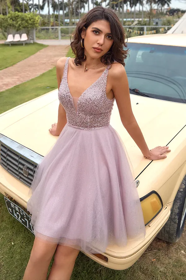 Anneprom V Neck Open Back Grey Sequin Short Prom Homcoming Dress APH0146