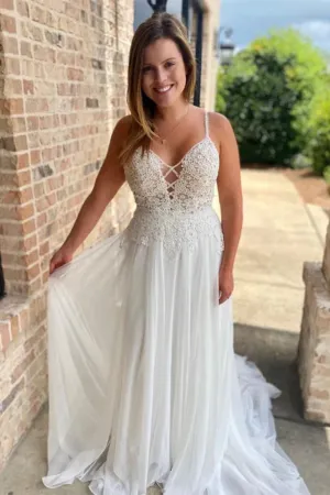 Anneprom V Neck Open Back White Lace Long Prom Wedding Dresses with Train APP0683