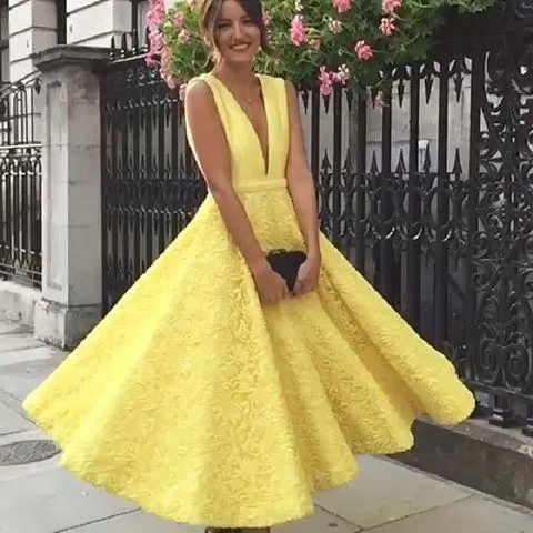 Anneprom Yellow Lace A Line Deep V Neck Prom Dress,Homecoming Dresses APP0344