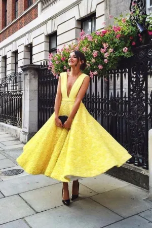 Anneprom Yellow Lace A Line Deep V Neck Prom Dress,Homecoming Dresses APP0344