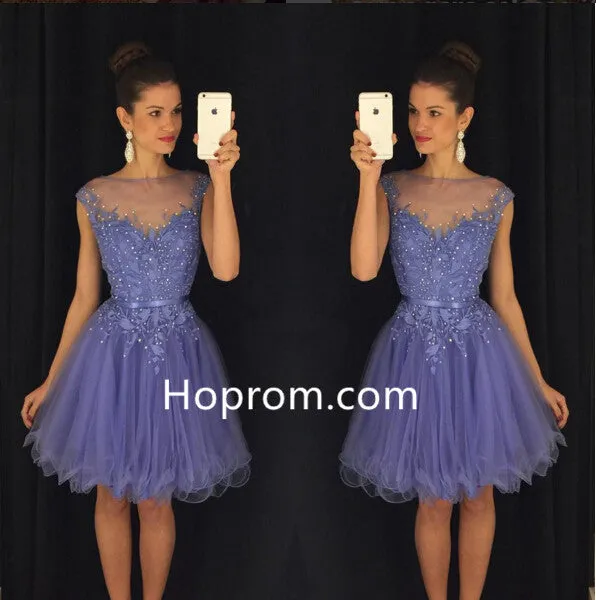 Beadings Tulle Lavender Cap-Sleeves A-Line Homecoming Dress