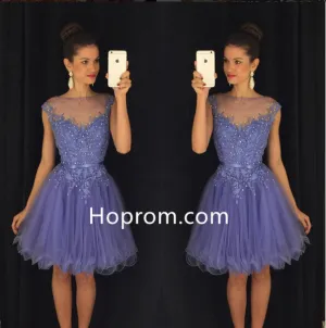 Beadings Tulle Lavender Cap-Sleeves A-Line Homecoming Dress