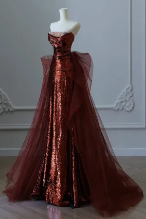 Beautiful Burgundy Sequins And Tulle Long Party Dress, Burgundy Evening Dress Prom Dress APP0890