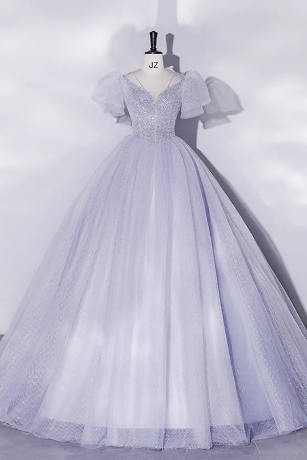 Beautiful Light Blue Tulle Sequins Prom Dress, Scoop Neck Short Sleeve Puffy Floor Length Evening Dress APP0814