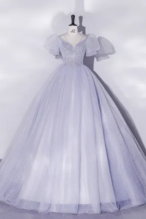 Beautiful Light Blue Tulle Sequins Prom Dress, Scoop Neck Short Sleeve Puffy Floor Length Evening Dress APP0814
