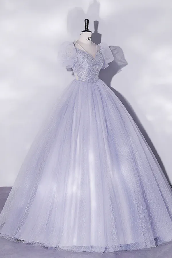 Beautiful Light Blue Tulle Sequins Prom Dress, Scoop Neck Short Sleeve Puffy Floor Length Evening Dress APP0814
