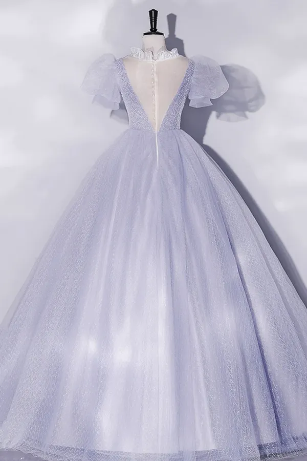 Beautiful Light Blue Tulle Sequins Prom Dress, Scoop Neck Short Sleeve Puffy Floor Length Evening Dress APP0814