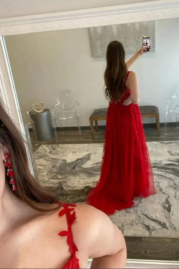 Beautiful Tulle A Line Sweetheart Lace Appliques Prom Dresses With Slit APP0711