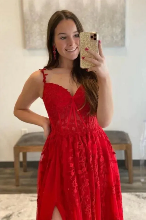 Beautiful Tulle A Line Sweetheart Lace Appliques Prom Dresses With Slit APP0711