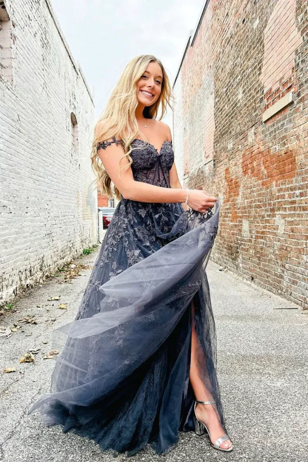 Black Off the Shoulder Lace Long Prom Dress, A Line Tulle Evening Dress with Slit APP0793