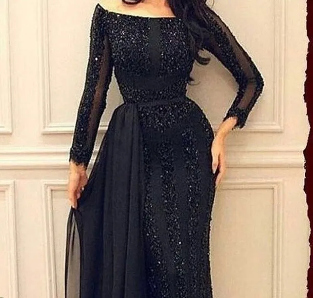 Black Off the Shoulder Long Sleeves Best Prom Dresses Sequin Evening Dresses
