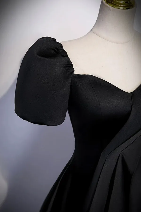 Black Satin Long Prom Dress, A Line Short Sleeve Evening Party Dress APP1062