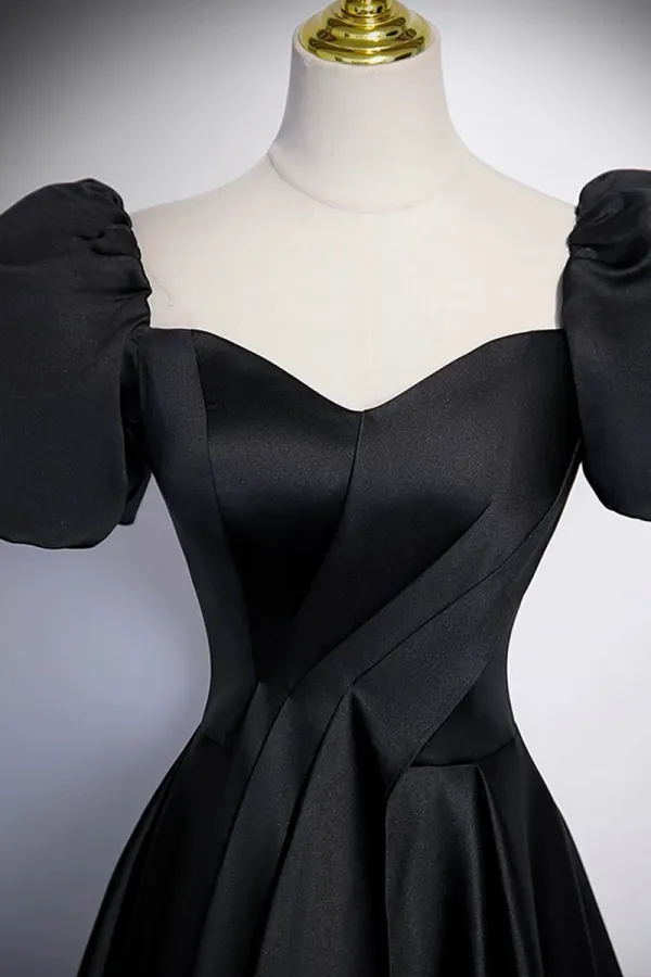 Black Satin Long Prom Dress, A Line Short Sleeve Evening Party Dress APP1062