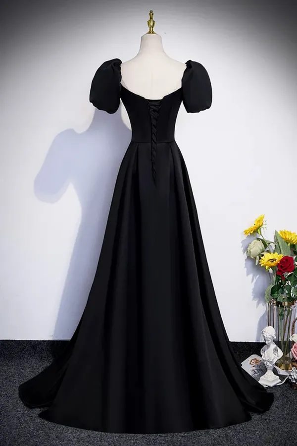 Black Satin Long Prom Dress, A Line Short Sleeve Evening Party Dress APP1062