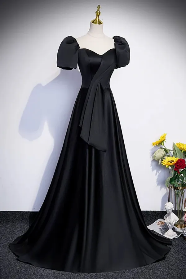 Black Satin Long Prom Dress, A Line Short Sleeve Evening Party Dress APP1062