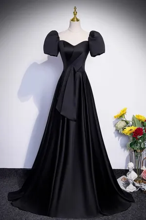 Black Satin Long Prom Dress, A Line Short Sleeve Evening Party Dress APP1062