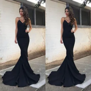 Black Straps Spaghetti Mermaid Backless Prom Dresses Long Party Gowns Evening Prom Dresses