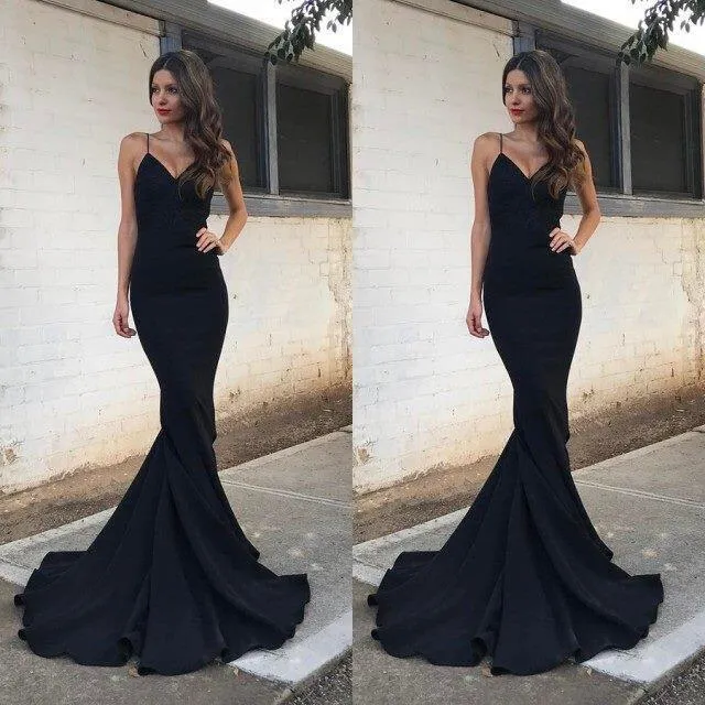 Black Straps Spaghetti Mermaid Backless Prom Dresses Long Party Gowns Evening Prom Dresses