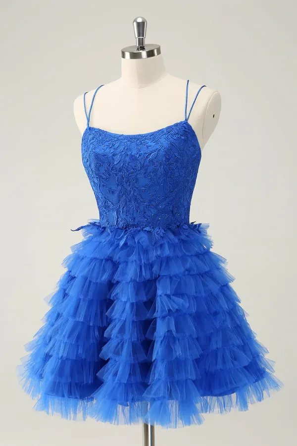 Blue A Line Spaghetti Straps Tulle Cute Homecoming Dress With Ruffles APH0289
