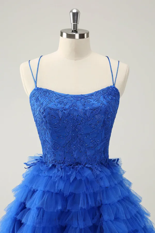 Blue A Line Spaghetti Straps Tulle Cute Homecoming Dress With Ruffles APH0289