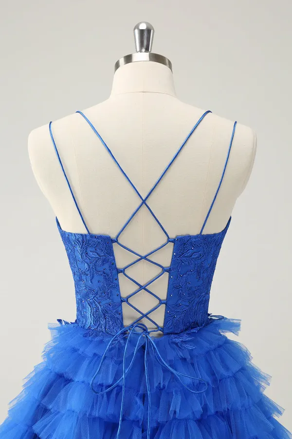 Blue A Line Spaghetti Straps Tulle Cute Homecoming Dress With Ruffles APH0289