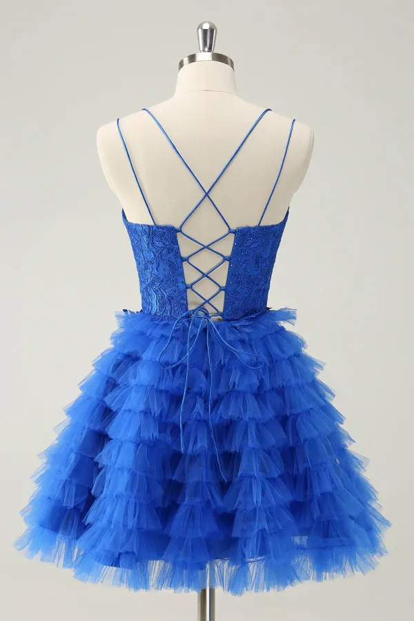 Blue A Line Spaghetti Straps Tulle Cute Homecoming Dress With Ruffles APH0289
