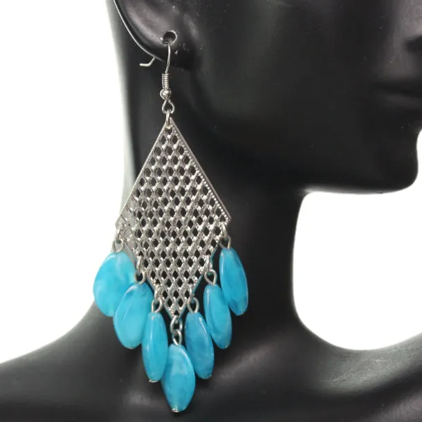 Blue Beaded Filigree Caged Dangle Earrings