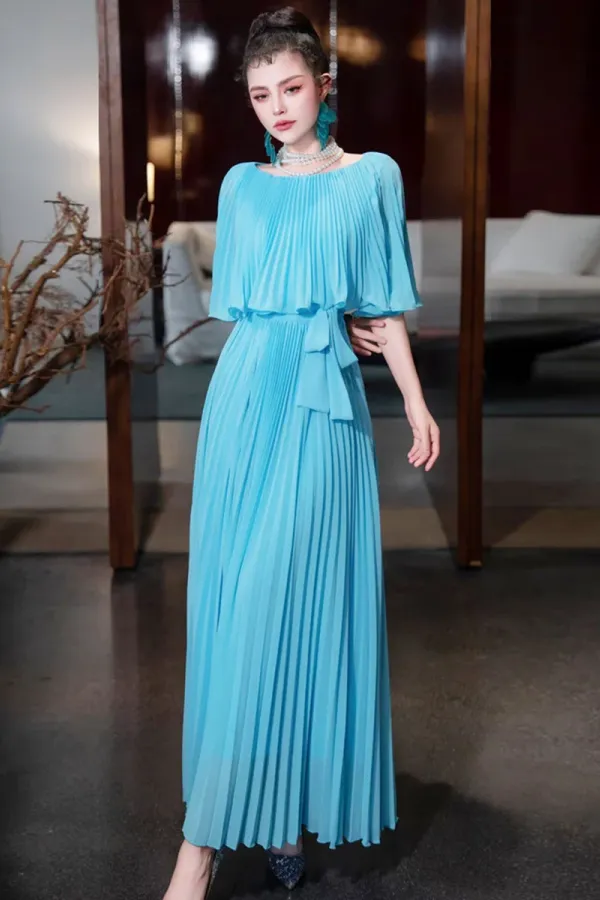 Blue Chiffon A Line Long Wedding Party Dress, Blue Chiffon Prom Dress APP1129