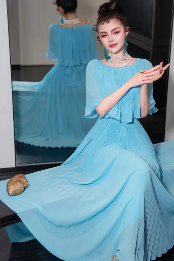 Blue Chiffon A Line Long Wedding Party Dress, Blue Chiffon Prom Dress APP1129