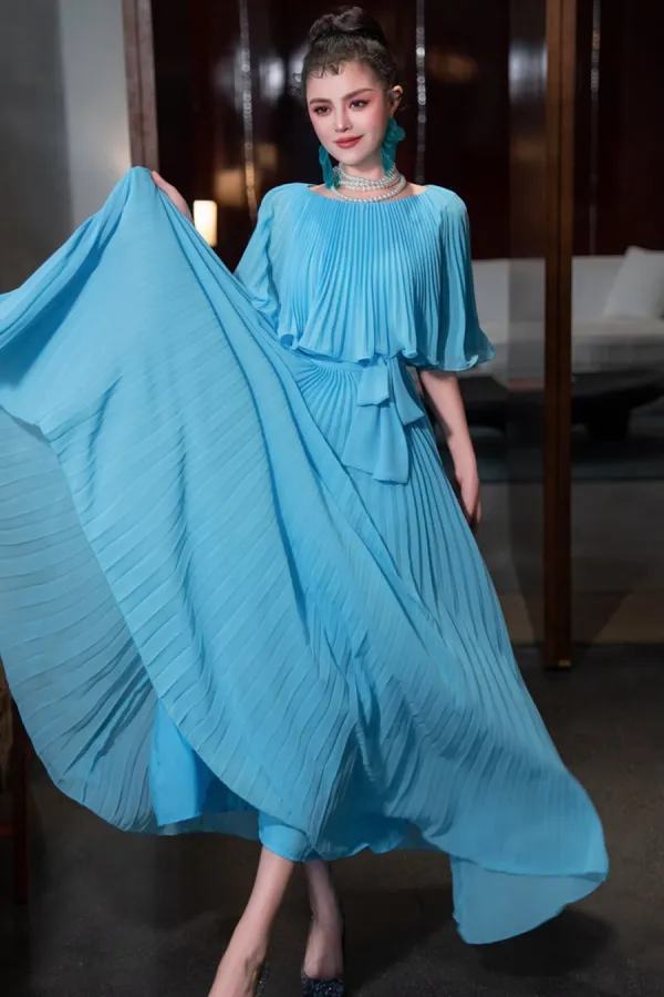 Blue Chiffon A Line Long Wedding Party Dress, Blue Chiffon Prom Dress APP1129