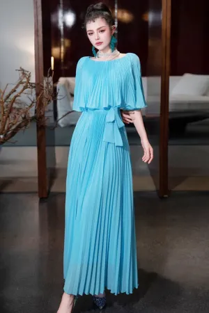 Blue Chiffon A Line Long Wedding Party Dress, Blue Chiffon Prom Dress APP1129