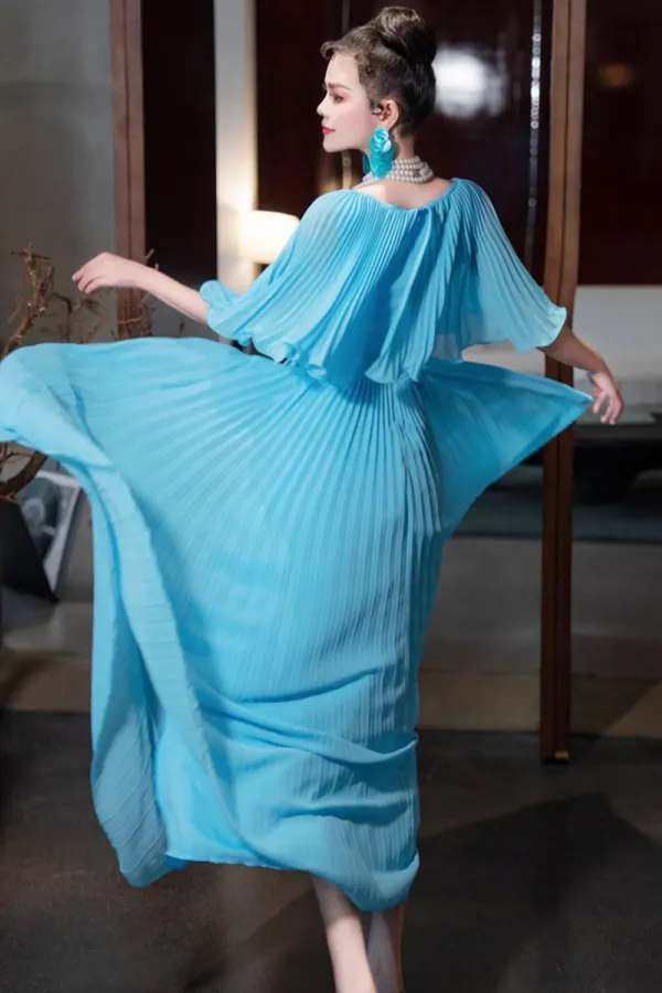 Blue Chiffon A Line Long Wedding Party Dress, Blue Chiffon Prom Dress APP1129